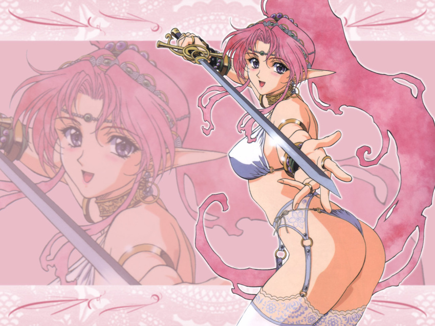 1girl armlet ass blue_eyes blush bracelet earrings garter_belt garter_straps high_ponytail holding holding_sword holding_weapon jewelry lace lace-trimmed_thighhighs long_hair looking_at_viewer open_mouth pink_hair pointy_ears solo sword thigh-highs very_long_hair weapon yoshizane_akihiro zoom_layer