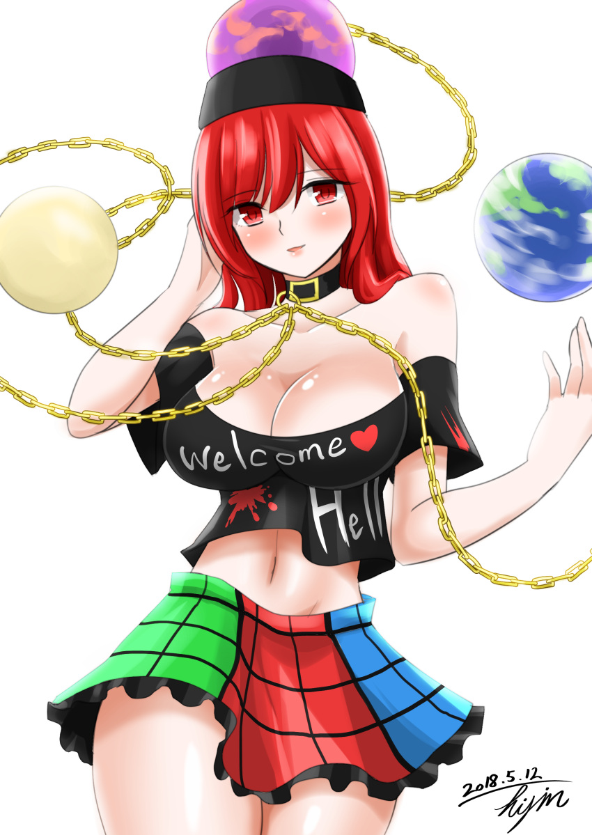 1girl absurdres bare_shoulders blush breasts chains choker cleavage clothes_writing collarbone commentary_request crop_top dated earth_(ornament) eyebrows_visible_through_hair hand_in_hair hecatia_lapislazuli highres hisin large_breasts looking_at_viewer microskirt midriff_peek moon_(ornament) multicolored multicolored_clothes multicolored_skirt navel off-shoulder_shirt red_eyes redhead shirt signature simple_background skirt solo thighs touhou white_background