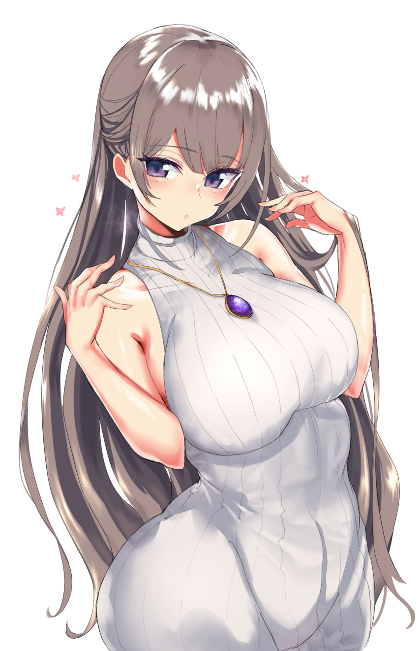 1girl bare_shoulders blush breasts commentary commentary_request fafas68 flower grey_hair highres jewelry large_breasts long_hair looking_at_viewer necklace original parted_lips ribbed_sweater simple_background sleeveless solo sweater very_long_hair violet_eyes white_background