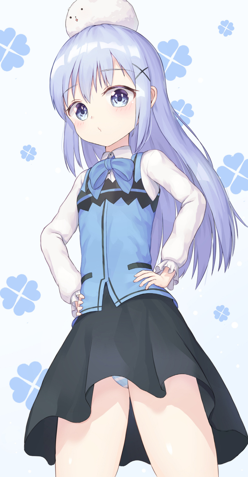 1girl animal animal_on_head bangs black_skirt blue_bow blue_eyes blue_hair blush bow bowtie bunny_on_head from_below gochuumon_wa_usagi_desu_ka? hair_between_eyes hair_ornament hands_on_hips highres kafuu_chino long_hair long_sleeves looking_at_viewer mapi_(mapi_9) miniskirt on_head panties pantyshot pantyshot_(standing) rabbit rabbit_house_uniform shiny shiny_hair shirt skirt solo standing striped striped_panties tippy_(gochiusa) underwear white_background white_shirt x_hair_ornament