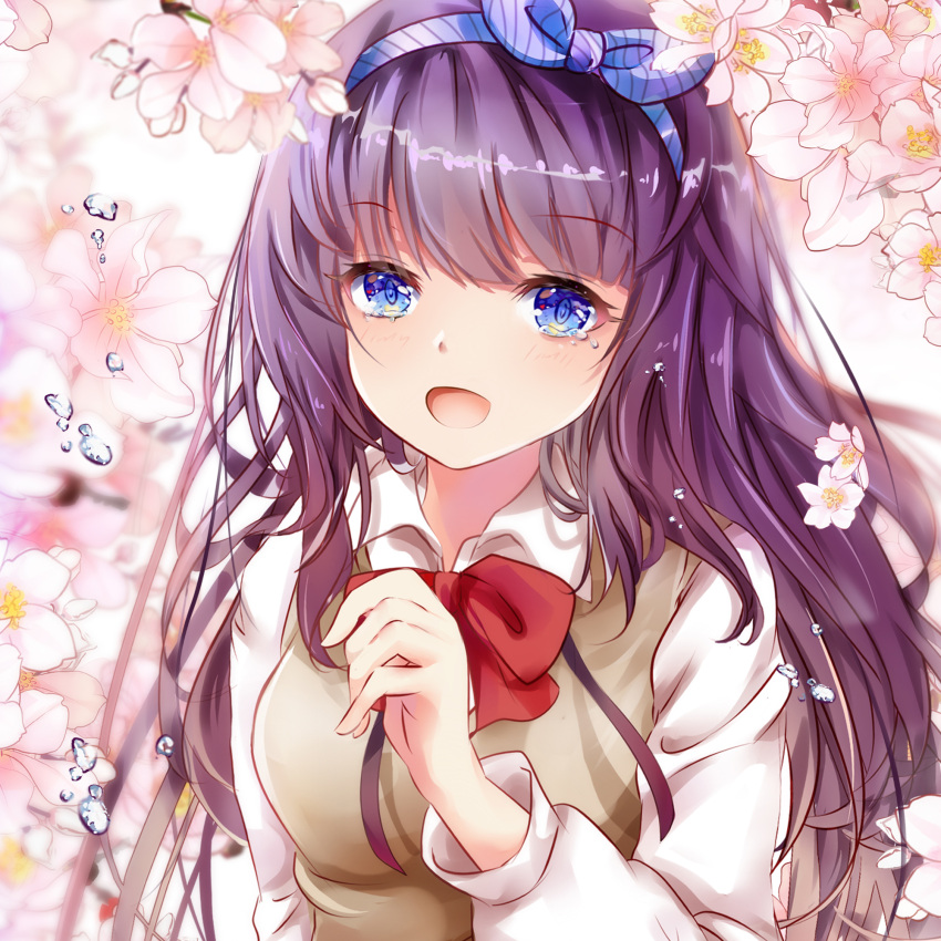 1girl :d bangs blue_eyes blue_ribbon blurry blush bow bowtie breasts brown_vest collared_shirt crying crying_with_eyes_open depth_of_field flower hairband hand_up highres long_hair long_sleeves looking_at_viewer medium_breasts mutang open_mouth original purple_hair red_neckwear ribbon school_uniform shirt smile solo striped tears upper_body vest water_drop white_flower white_shirt