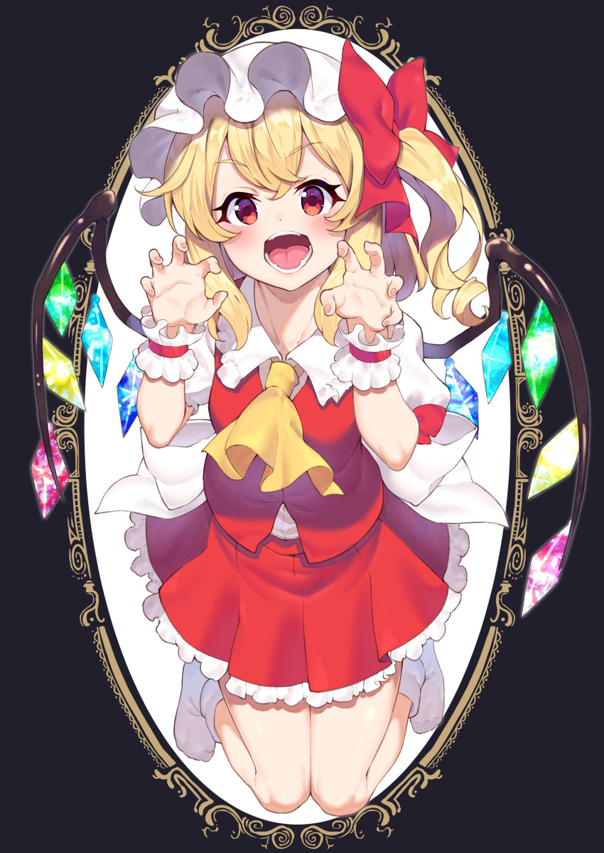 1girl absurdres ascot bangs blonde_hair blush bow breasts crystal eyebrows_visible_through_hair fang fangs flandre_scarlet frilled_shirt frilled_shirt_collar frilled_skirt frilled_sleeves frills full_body hair_between_eyes hat hat_bow hat_ribbon highres joker_(tomakin524) laevatein looking_at_viewer medium_hair mob_cap open_mouth paw_pose puffy_short_sleeves puffy_sleeves red_bow red_eyes red_ribbon red_skirt red_vest ribbon shirt short_hair short_sleeves side_ponytail skirt small_breasts socks solo tongue touhou vest white_legwear white_shirt wings yellow_neckwear