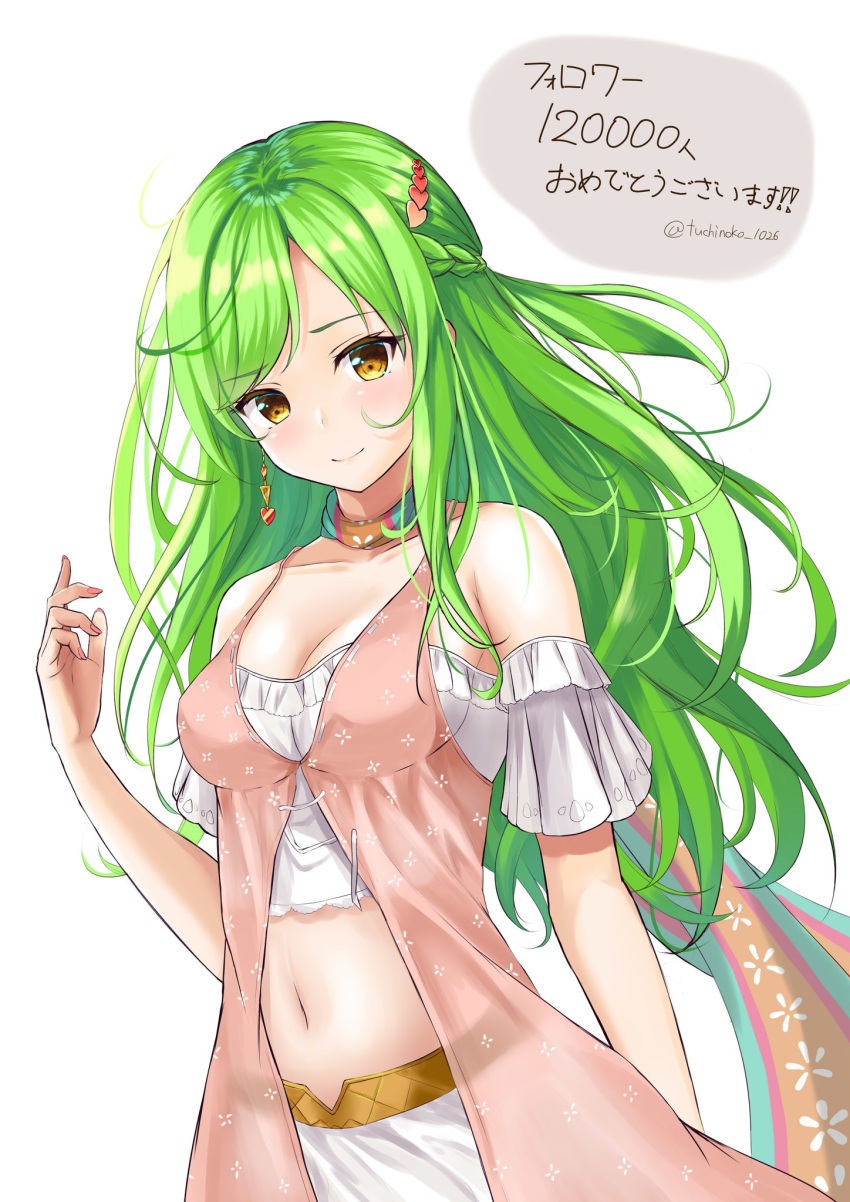 1girl arm_strap bangs braid breasts brown_eyes choker cleavage collarbone crop_top crown_braid earrings floating_hair green_hair hair_ornament highres jewelry long_hair looking_at_viewer medium_breasts midriff navel original see-through simple_background skirt sleeveless smile solo standing stomach swept_bangs tsuchinoko1026 twitter_username very_long_hair white_background white_skirt