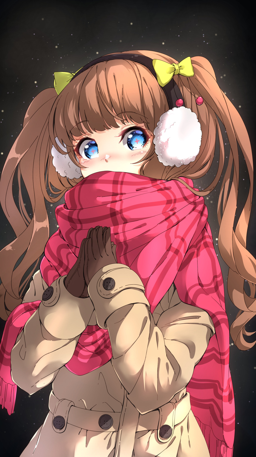 .live 1girl absurdres bangs blue_eyes blush bow brown_coat brown_gloves brown_hair coat covered_mouth darjeeling_(reley) earmuffs enpera eyebrows_visible_through_hair gloves green_bow hair_bow hands_up head_tilt highres kakyouin_chieri long_hair long_sleeves looking_at_viewer own_hands_together red_scarf scarf sleeves_past_wrists solo symbol-shaped_pupils two_side_up very_long_hair virtual_youtuber