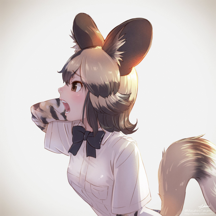 1girl african_wild_dog_(kemono_friends) african_wild_dog_print animal_ear_fluff animal_ears blonde_hair bow bowtie brown_eyes brown_hair collared_shirt commentary_request dog_ears dog_tail eyebrows_visible_through_hair grey_hair hand_behind_head highres kemono_friends long_sleeves multicolored_hair open_mouth profile shirt short_hair short_sleeves solo tail takami_masahiro upper_body