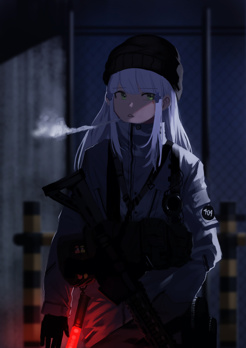 1girl absurdres assault_rifle bangs beanie blunt_bangs blurry blurry_background breasts breathing coat commentary_request eyebrows_visible_through_hair facial_mark girls_frontline gloves glowstick green_eyes gun hair_ornament hat heckler_&amp;_koch highres hk416 hk416_(girls_frontline) holding holding_gun holding_weapon ihobus light load_bearing_equipment long_hair looking_at_viewer medium_breasts night rifle silver_hair solo teardrop very_long_hair weapon