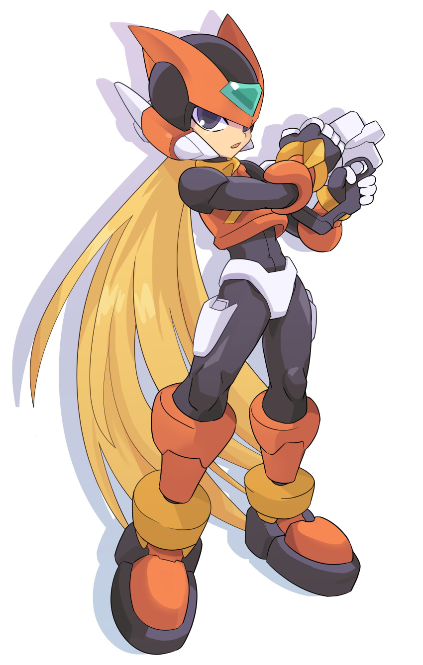 1boy absurdres android black_eyes blonde_hair full_body gun helmet highres holding holding_weapon long_hair male_focus omeehayo rockman rockman_zero simple_background solo standing very_long_hair weapon white_background zero_(rockman)