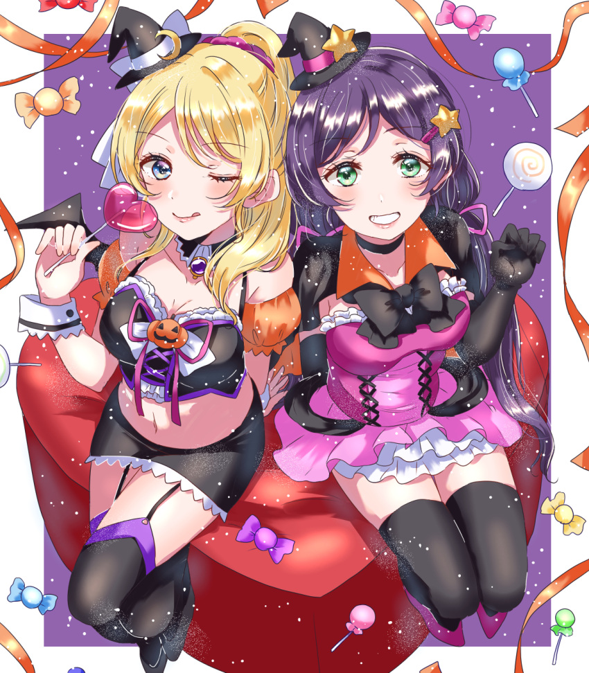 2girls ;q ayase_eli black_capelet black_choker black_gloves black_hat black_legwear black_neckwear black_skirt blonde_hair blue_eyes blush bow bowtie breasts brooch candy capelet choker claw_pose cleavage crescent crop_top cross-laced_clothes dancing_stars_on_me! demon_wings detached_sleeves dress elbow_gloves food garter_straps gloves green_eyes grin hair_ornament hair_ribbon hair_scrunchie halloween halloween_costume hat hat_ribbon heart_lollipop highres holding_lollipop jack-o'-lantern jewelry kaisou_(0731waka) lollipop looking_at_viewer love_live! love_live!_school_idol_project medium_breasts miniskirt multiple_girls navel neck_ribbon one_eye_closed pink_dress pink_footwear pink_ribbon pink_scrunchie purple_background purple_hair ribbon scrunchie sidelocks sitting skirt smile star star_hair_ornament star_hat_ornament streamers thigh-highs tongue tongue_out toujou_nozomi twintails white_ribbon wings witch_hat wrist_cuffs