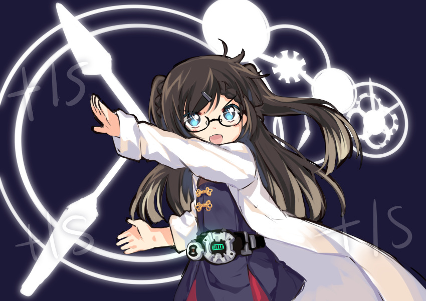 1girl :d absurdres belt belt_buckle black-framed_eyewear black_belt blue_dress blue_eyes blush braid brown_hair buckle dress fang girls_frontline glasses hair_ornament hairclip highres jiang-ge kamen_rider kamen_rider_zi-o kamen_rider_zi-o_(series) labcoat long_hair looking_at_viewer open_mouth outstretched_arm pleated_dress semi-rimless_eyewear smile solo standing two_side_up type_59_pistol_(girls_frontline) under-rim_eyewear v-shaped_eyebrows very_long_hair