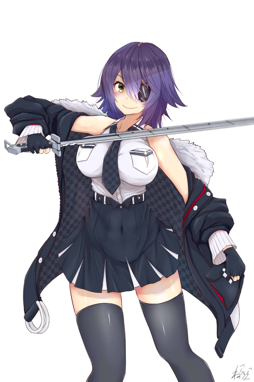 1girl absurdres black_gloves blush breast_pocket breasts checkered checkered_neckwear collarbone collared_shirt covered_navel cowboy_shot eyepatch gloves hair_over_one_eye high-waist_skirt highres kantai_collection large_breasts looking_at_viewer navel necktie neve off_shoulder partly_fingerless_gloves pocket purple_hair shirt short_hair skirt sleeveless sleeveless_shirt smile solo tenryuu_(kantai_collection) thigh-highs white_shirt yellow_eyes