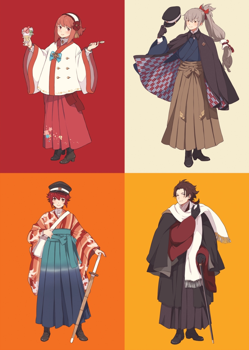 2boys 2girls ai-wa bag blue_ribbon blush boots brother_and_sister brothers brown_eyes brown_hair cape fire_emblem fire_emblem_heroes fire_emblem_if flower food grey_background grey_hair hair_flower hair_ornament hat hat_removed headwear_removed highres hinoka_(fire_emblem_if) holding holding_food holding_spoon ice_cream ice_cream_spoon japanese_clothes kimono long_hair looking_at_viewer multicolored multicolored_background multiple_boys multiple_girls nintendo orange_background ponytail red_background red_eyes redhead ribbon ryouma_(fire_emblem_if) sakura_(fire_emblem_if) scarf shinai short_hair siblings sisters smile spoon sword takumi_(fire_emblem_if) very_long_hair walking_stick weapon white_bag wooden_sword yellow_background yellow_eyes