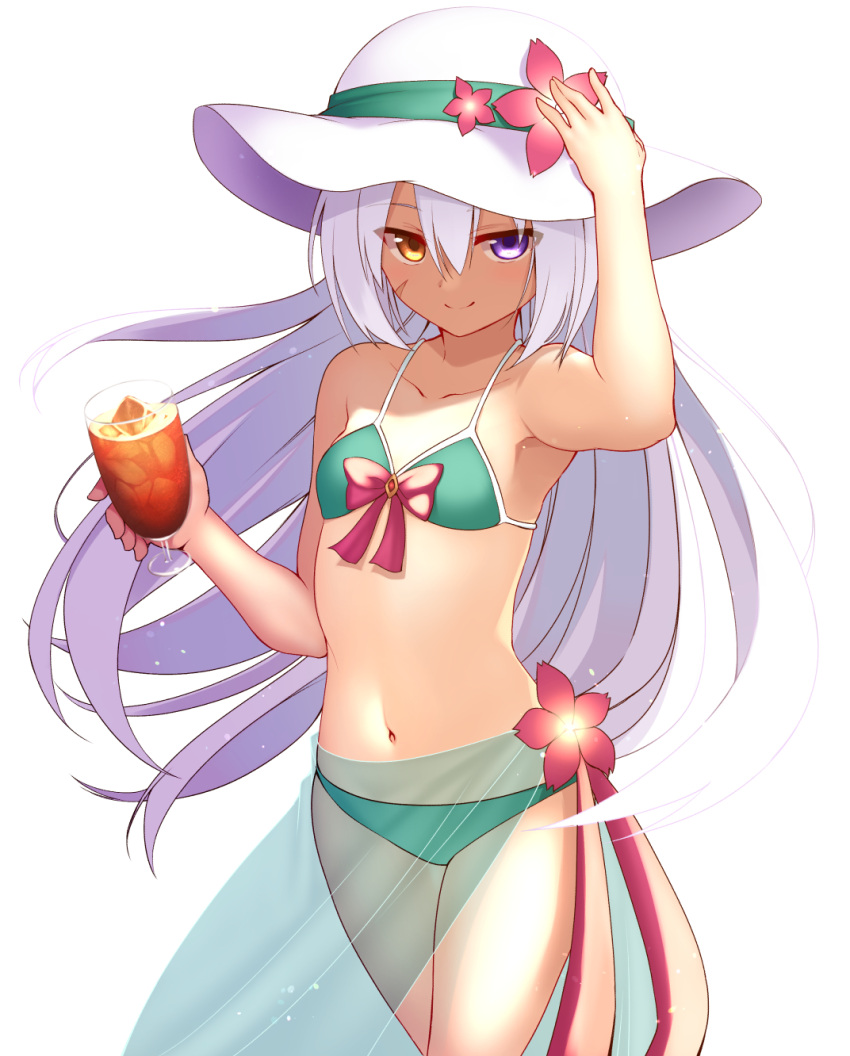 1girl arm_up armpits bangs bare_shoulders bikini breasts closed_mouth collarbone cowboy_shot cup facial_scar floating_hair flower green_bikini hair_between_eyes hand_on_headwear hat hat_flower heterochromia highres holding holding_cup hurricane_glass long_hair looking_at_viewer mahcdai navel original sarong scar see-through sidelocks simple_background small_breasts smile solo sun_hat swimsuit tropical_drink very_long_hair violet_eyes white_background white_hair white_hat yellow_eyes