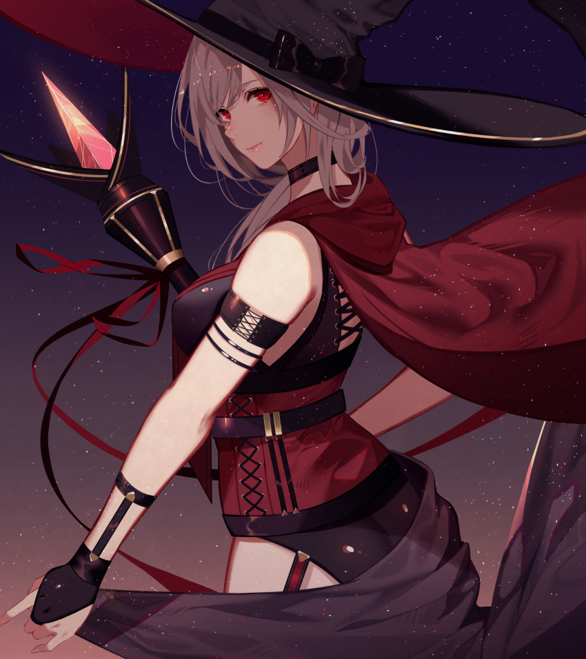 1girl arm_strap bangs black_pants bridal_gauntlets cape choker from_side garters hair_over_shoulder highres holding holding_staff hood hood_down hooded kisui_(user_wswf3235) long_hair looking_at_viewer original pants red_cape red_eyes red_ribbon ribbon silver_hair sleeveless smile solo staff standing swept_bangs