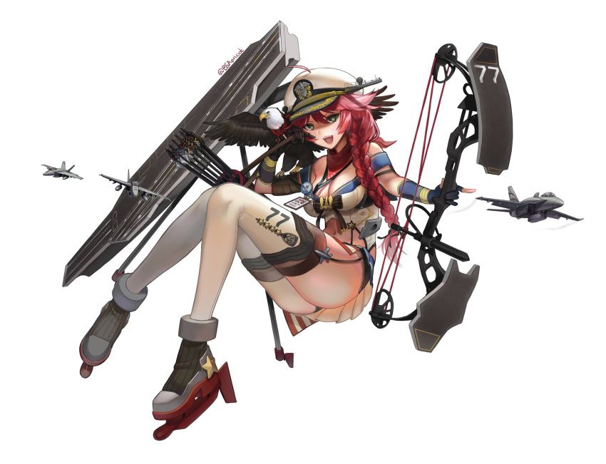 1girl aircraft aircraft_carrier airplane artist_name bald_eagle bird bow_(weapon) braided_ponytail breasts cleavage compound_bow danielle_brindle eagle fang fighter_jet green_eyes hat highres jet kantai_collection military military_vehicle miniskirt navel original peaked_cap redhead ship skirt solo twitter_username us_navy uss_george_h.w._bush_(cvn-77) warship watercraft weapon