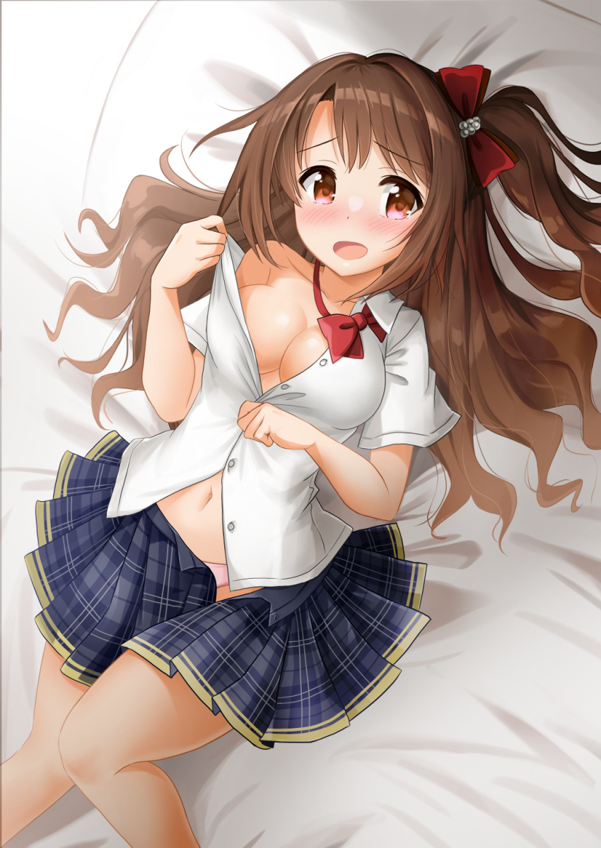 1girl bangs bed bed_sheet blush bow bowtie breasts brown_eyes brown_hair cleavage collarbone embarrassed eyebrows_visible_through_hair from_above hair_between_eyes hair_bow highres idolmaster idolmaster_cinderella_girls kibihimi long_hair looking_at_viewer medium_breasts navel no_bra off_shoulder one_side_up open_mouth panties pillow pink_panties pleated_skirt school_uniform shimamura_uzuki shirt side_ponytail skirt solo unbuttoned unbuttoned_shirt underwear undressing white_shirt