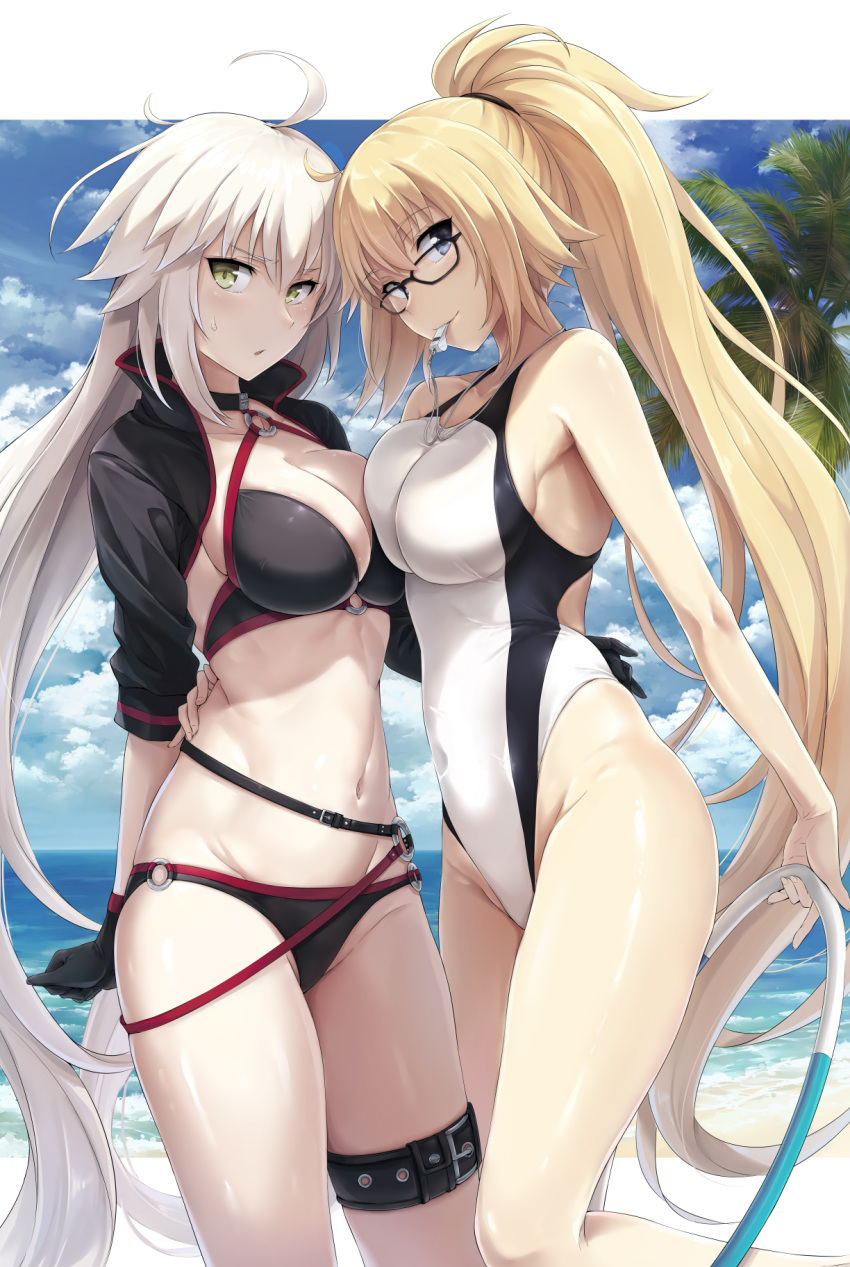 2girls akita_hika bangs bare_arms bare_shoulders beach bikini black-framed_eyewear black_bikini black_choker black_gloves blonde_hair blue_eyes blue_sky breasts choker cleavage clouds cloudy_sky commentary_request cropped_jacket day fate/grand_order fate_(series) fingernails glasses gloves highres holding hoop jeanne_d'arc_(alter)_(fate) jeanne_d'arc_(fate) jeanne_d'arc_(fate)_(all) large_breasts long_hair looking_at_viewer multiple_girls navel o-ring o-ring_bikini o-ring_bottom o-ring_top one-piece_swimsuit outdoors ponytail silver_hair sky smile standing summer sweatdrop swimsuit very_long_hair whistle white_swimsuit yellow_eyes