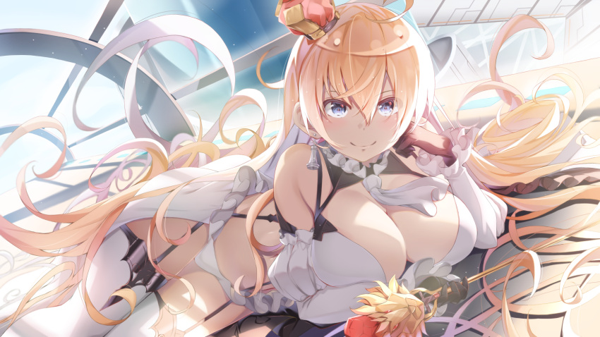 1girl akausuko black_gloves blonde_hair blue_eyes breasts crown detached_sleeves drill_hair frills garter_straps gloves hat highres large_breasts lion_(zhan_jian_shao_nyu) long_hair looking_at_viewer lying on_stomach puffy_sleeves solo stomach thigh-highs thighs underwear very_long_hair white_legwear zhan_jian_shao_nyu