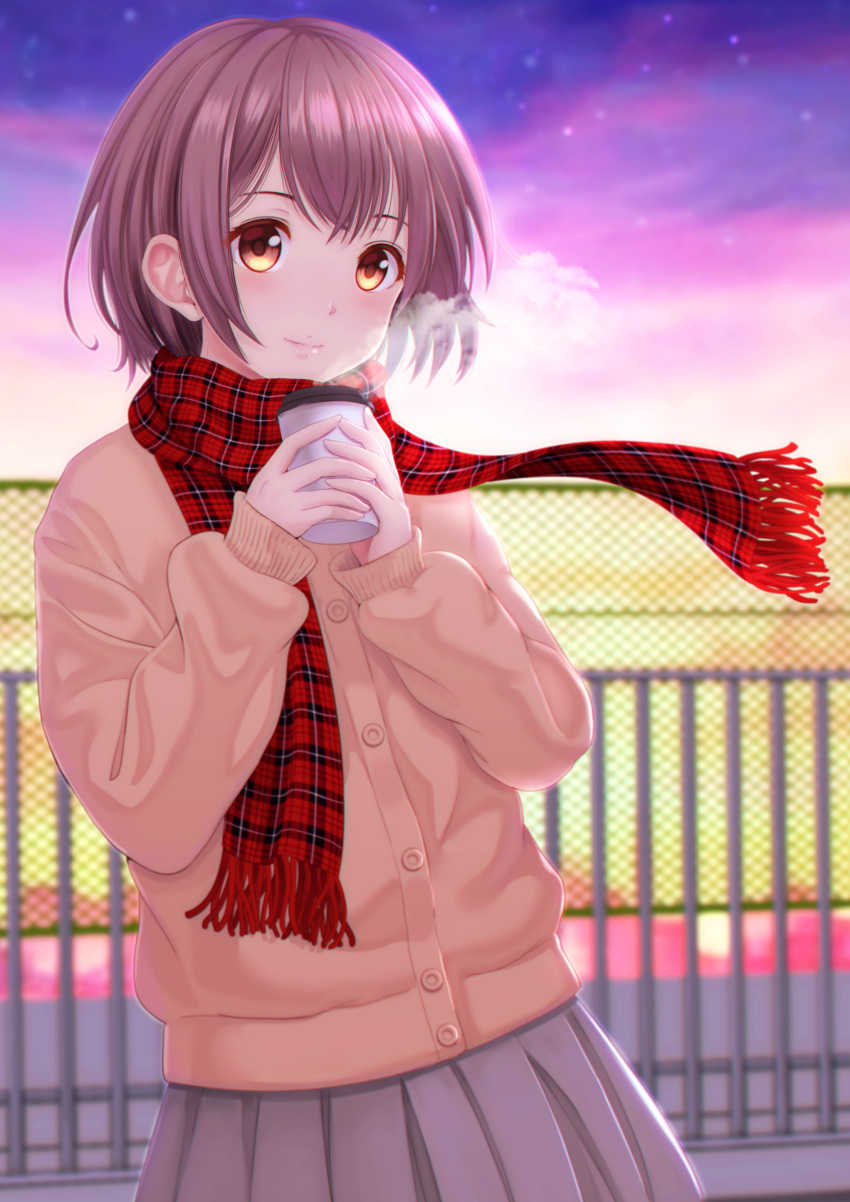 1girl absurdres blurry blurry_background brown_coat brown_eyes brown_hair chain-link_fence coat drink fence highres looking_at_viewer original outdoors parted_lips plaid plaid_scarf pleated_skirt purple_sky red_scarf scarf short_hair skirt standing telaform twilight visible_air