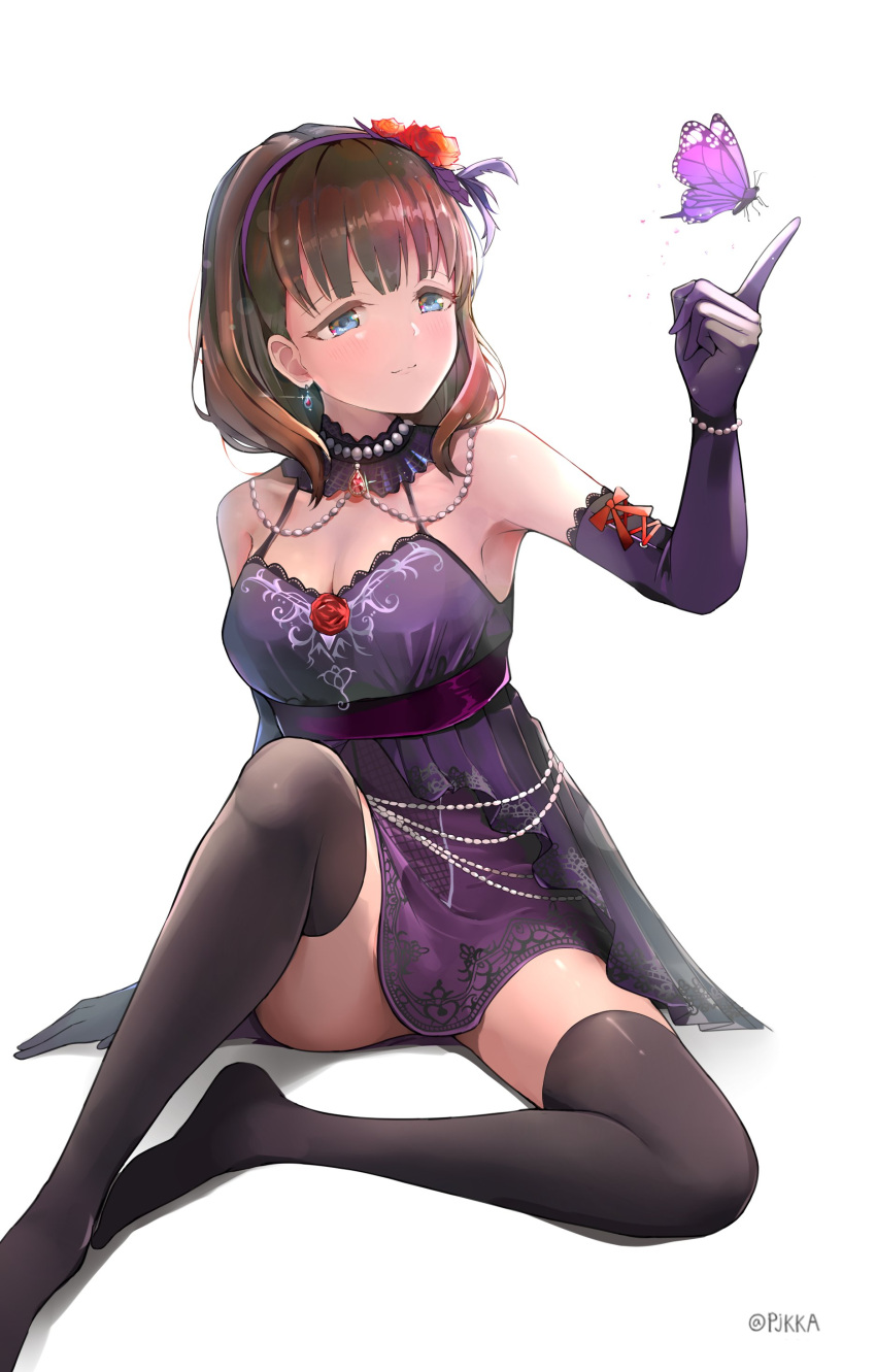 1girl absurdres bangs black_legwear blue_eyes breasts brown_hair bug butterfly choker cleavage dress elbow_gloves flower gloves hair_flower hair_ornament hairband highres idolmaster idolmaster_cinderella_girls index_finger_raised insect jewelry medium_breasts necklace pjkka purple_dress purple_gloves purple_hairband red_flower red_ribbon ribbon sakuma_mayu shiny shiny_clothes shiny_hair shiny_skin short_dress short_hair simple_background sleeveless sleeveless_dress solo sparkle thigh-highs white_background zettai_ryouiki