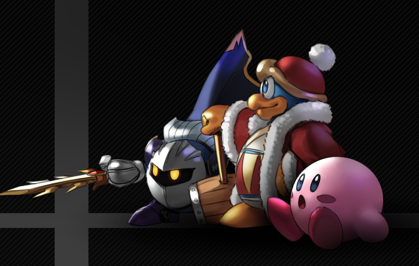 3boys cape hammer highres hoshi_no_kirby king_dedede kirby kirby_(series) kirby_(specie) meta_knight multiple_boys nintendo no_humans penguin pink_puff_ball super_smash_bros. super_smash_bros._ultimate sword weapon