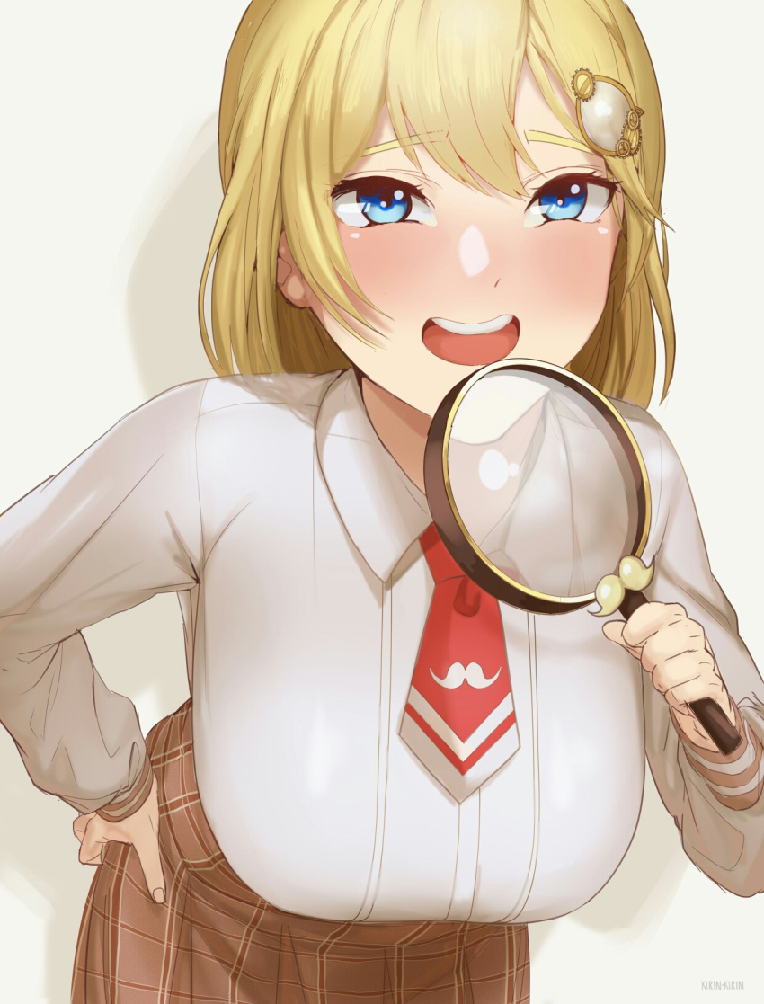 1girl bangs blonde_hair blue_eyes breasts brown_skirt collared_shirt commentary detective english_commentary eyebrows_visible_through_hair hair_ornament hand_on_hip highres holding holding_magnifying_glass hololive hololive_english kirinkirin large_breasts leaning_forward long_sleeves looking_at_viewer magnifying_glass monocle_hair_ornament mustache_print necktie open_mouth print_necktie red_necktie round_teeth shirt short_necktie skirt smile solo teeth upper_teeth virtual_youtuber watson_amelia white_shirt