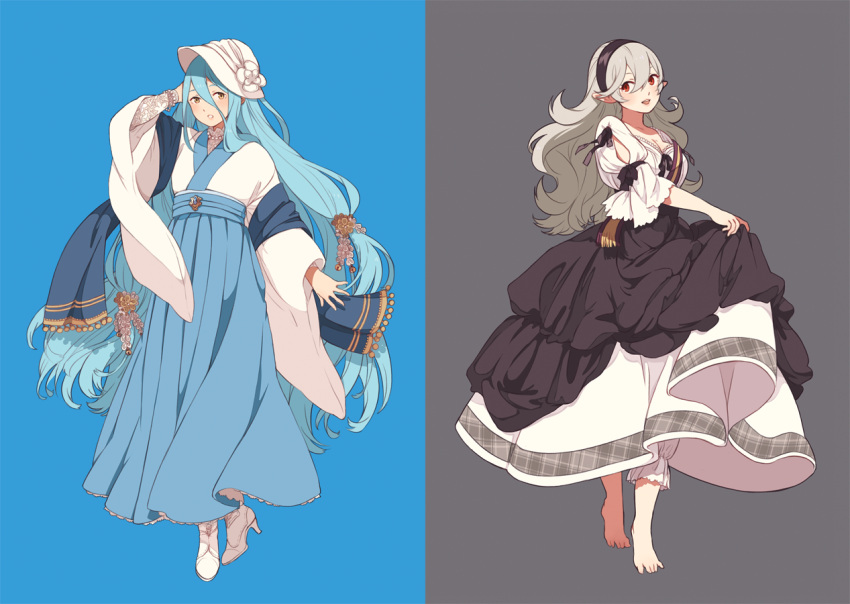 2girls ai-wa aqua_(fire_emblem_if) barefoot black_headband black_ribbon blue_background blue_hair blush breasts cleavage dress european_clothes female_my_unit_(fire_emblem_if) fire_emblem fire_emblem_heroes fire_emblem_if grey_background grey_hair hat headband high_heels japanese_clothes jewelry kimono long_hair looking_at_viewer multicolored multicolored_background multiple_girls my_unit_(fire_emblem_if) nintendo open_mouth pointy_ears red_eyes ribbon very_long_hair yellow_eyes