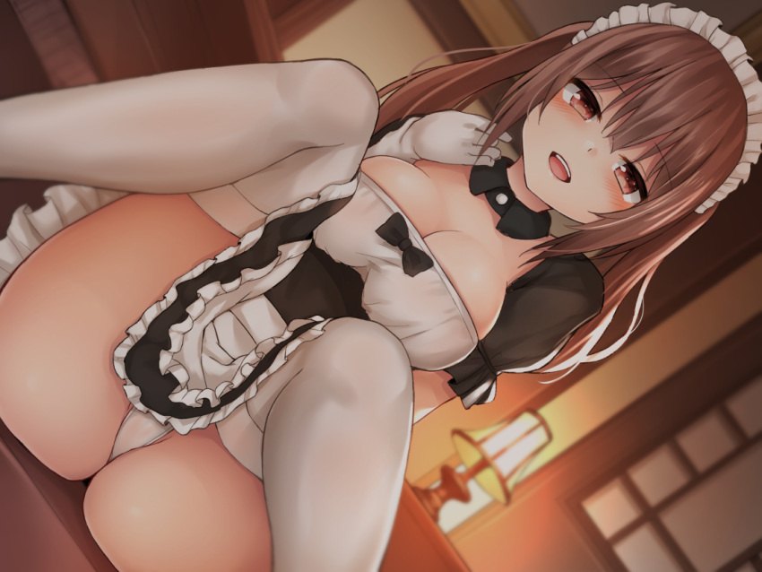 1girl black_bow black_dress bow breasts brown_eyes brown_hair cleavage detached_collar dress dutch_angle frilled_dress frilled_hairband frills gloves hairband indoors lamp large_breasts long_hair looking_at_viewer maid mizushina_minato open_mouth original panties pantyshot sitting smile solo spread_legs thigh-highs twintails underwear upskirt victorian_maid white_gloves white_hairband white_legwear white_panties