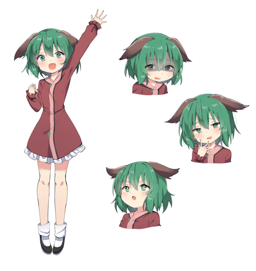 +_+ 1girl amashi_(qcmrq906) animal_ears arm_up bad_id bad_twitter_id bare_legs black_footwear blush brown_dress dress fang green_eyes green_hair head_tilt highres kasodani_kyouko looking_at_viewer multiple_views open_mouth shaded_face shoes short_dress short_hair simple_background smile smirk socks standing sweat touhou waving white_background white_legwear