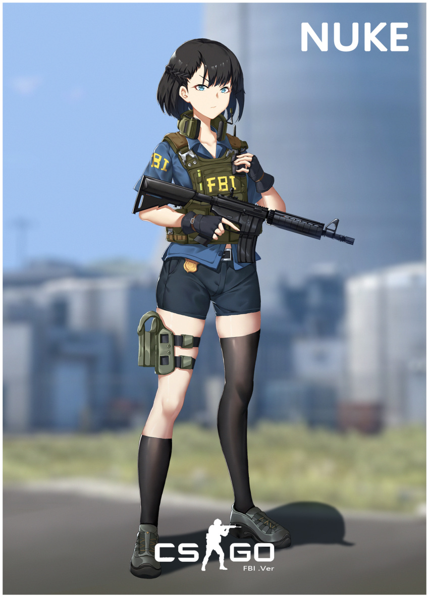 1girl armor assault_rifle black_hair black_legwear blue_eyes boots commentary_request copyright_request fbi gun highres nuclear_weapon rifle short_hair shorts thigh-highs weapon yurix