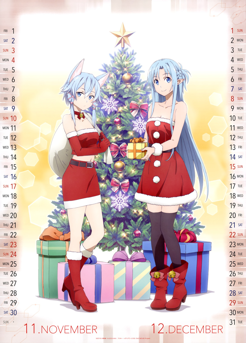 2girls absurdres animal_ears asuna_(sao-alo) bag belt black_legwear blue_eyes blue_hair boots box braid breasts calendar_(medium) cat_ears choker christmas christmas_tree cleavage collarbone crop_top crown_braid dress elbow_gloves full_body fur_trim gift gift_bag gift_box gloves hair_between_eyes hair_ribbon high_heel_boots high_heels highres holding holding_bag holding_bow knee_boots long_hair looking_at_viewer midriff miniskirt multiple_girls navel official_art pencil_skirt pink_ribbon pointy_ears red_dress red_footwear red_gloves red_ribbon red_skirt ribbon ribbon_choker santa_costume santa_gloves short_dress short_hair_with_long_locks sidelocks sinon_(sao-alo) skirt small_breasts smile standing star stomach strapless strapless_dress sword_art_online thigh-highs very_long_hair wrist_cuffs zettai_ryouiki