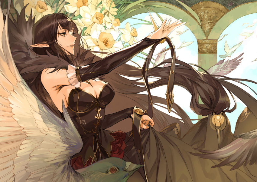 1girl absurdly_long_hair absurdres arch artist_request bird black_dress black_hair breasts bridal_gauntlets carving cleavage dress fate/grand_order fate_(series) fur_trim hand_up highres long_dress long_hair narcissus_(flower) pillar pointy_ears semiramis_(fate) skirt skirt_pull spikes very_long_hair yellow_eyes