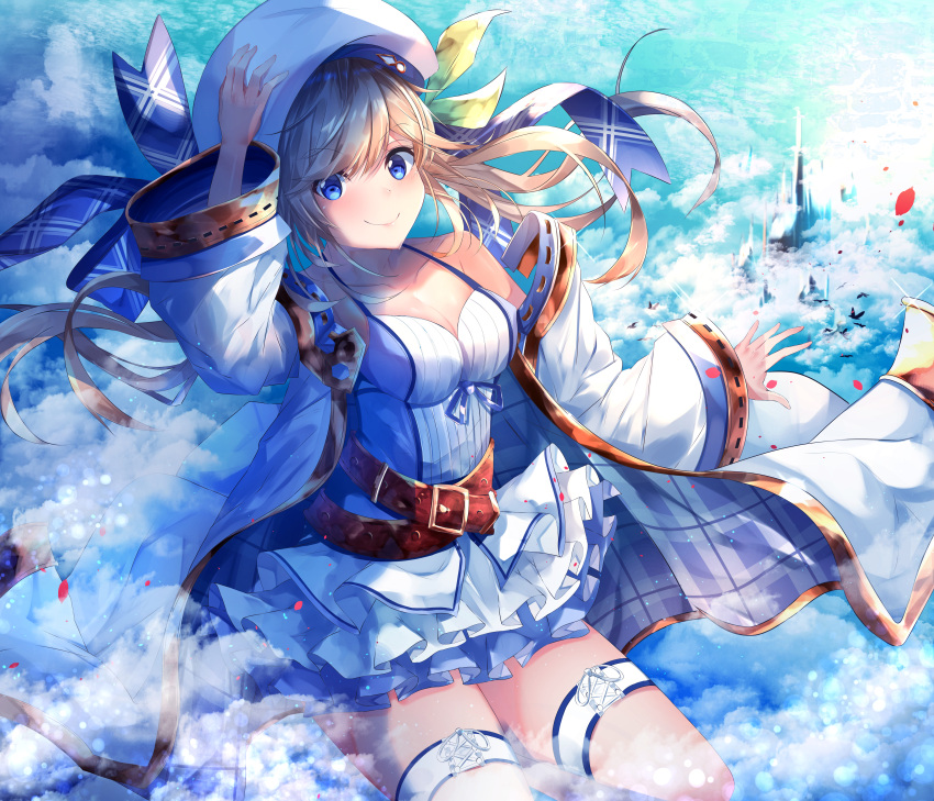 1girl absurdres adjusting_clothes adjusting_hat argyle arm_up bangs bare_shoulders belt beret blonde_hair blue_eyes blue_ribbon bow breasts building camisole cleavage closed_mouth clouds cloudy_sky coat collarbone commentary_request cucouroux_(granblue_fantasy) day floating_hair frilled_skirt frills granblue_fantasy green_bow hair_bow hair_ribbon hat highres layered_skirt leg_up long_hair long_sleeves looking_at_viewer medium_breasts miniskirt off_shoulder open_clothes open_coat outdoors ribbon shirt skirt sky smile solo suisen-21 thigh_strap twintails v-shaped_eyebrows white_coat white_hat white_shirt white_skirt wide_sleeves