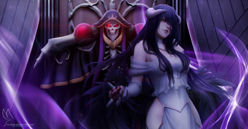 1boy 1girl ainz_ooal_gown albedo alqmia black_hair black_wings blood breasts cleavage demon_girl demon_horns demon_wings detached_collar dress elbow_gloves feathered_wings feathers gloves glowing glowing_eyes hair_between_eyes hip_vent holding horns large_breasts looking_at_viewer low_wings overlord_(maruyama) red_eyes skeleton skull sleeveless sleeveless_dress slit_pupils smile standing upper_body watermark white_dress white_gloves wings yellow_eyes