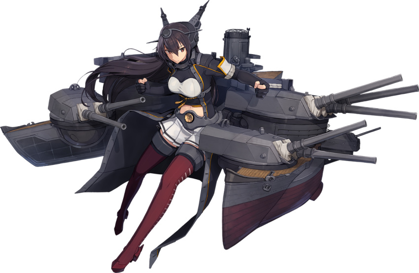 1girl black_hair boots breasts clenched_hands coat fingerless_gloves full_body garter_straps gloves hair_between_eyes headgear kantai_collection kikumon large_breasts long_hair machinery midriff midriff_peek miniskirt nagato_(kantai_collection) official_art pleated_skirt range_finder red_eyes red_footwear remodel_(kantai_collection) rigging rudder_shoes sandbag shizuma_yoshinori skirt smile smokestack solo striped striped_footwear striped_skirt thigh-highs thigh_boots transparent_background turret white_skirt