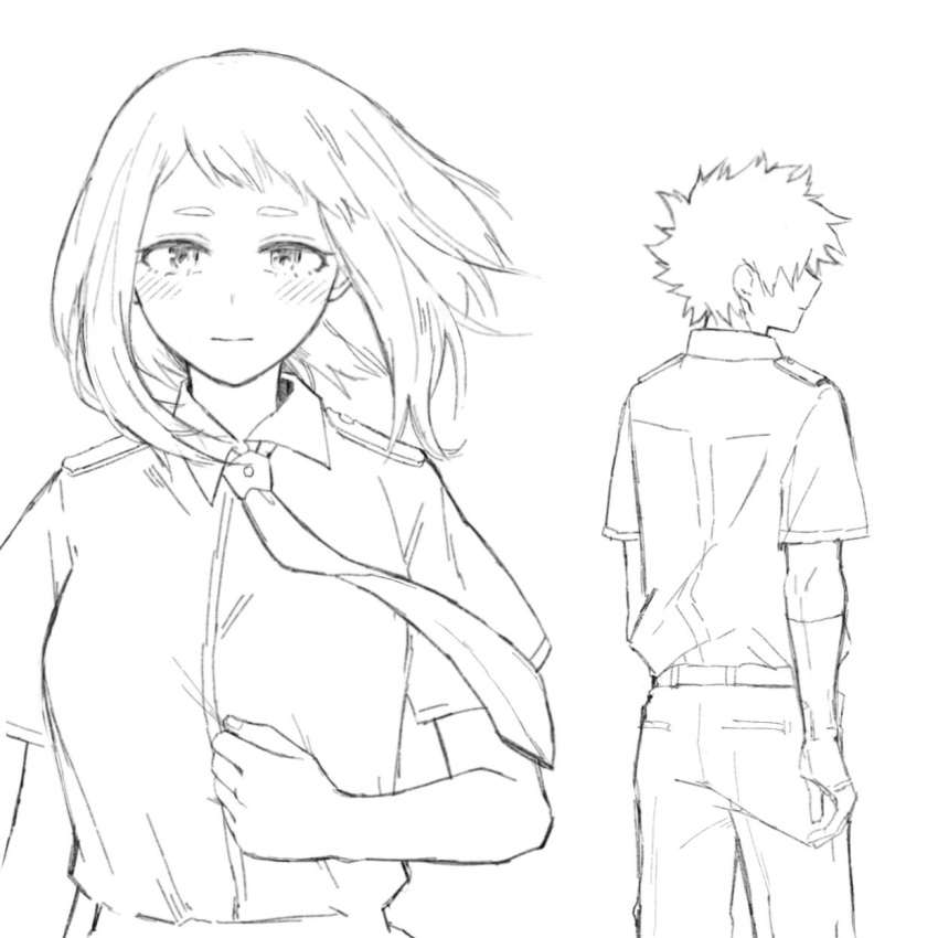 1boy 1girl blush boku_no_hero_academia dress_shirt highres honwaka_zz looking_at_viewer messy_hair midoriya_izuku monochrome necktie scar shirt short_hair short_sleeves sidelocks u.a._school_uniform uraraka_ochako