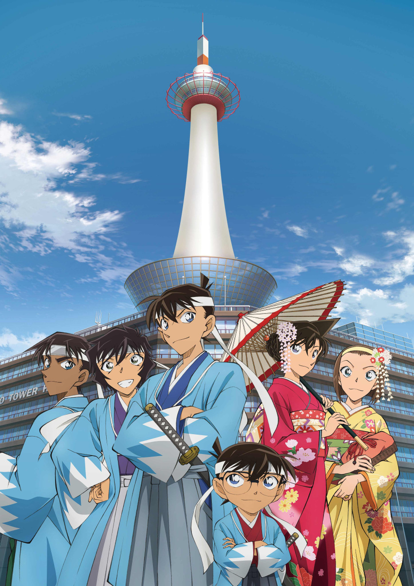 3boys 3girls absurdres blue_eyes blue_kimono blue_sky brown_hair crossed_arms dark_skin day edogawa_conan floral_print flower glasses grey_hakama grin hair_between_eyes hair_flower hair_ornament hairband hakama hand_on_hip haori hattori_heiji headband highres holding holding_umbrella japanese_clothes kimono kudou_shin'ichi looking_at_viewer meitantei_conan mouri_ran multiple_boys multiple_girls oriental_umbrella outdoors print_kimono purple_kimono red_kimono sera_masumi shinsengumi short_hair sky smile suzuki_sonoko tied_hair umbrella yellow_hairband yellow_kimono yukata