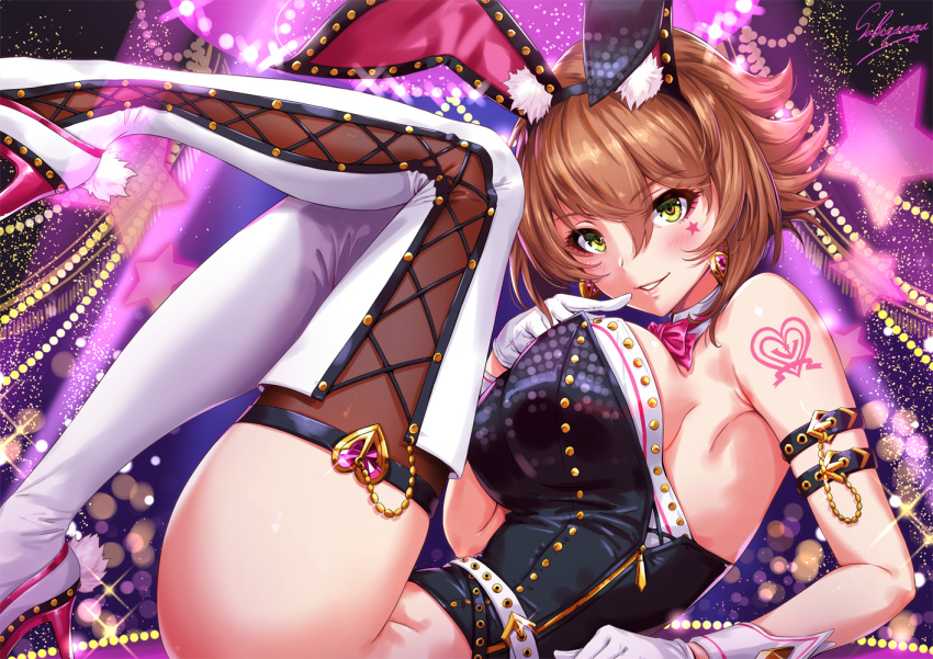1girl anchor animal_ears armband artist_name black_leotard blush bodypaint boots breasts brown_hair detached_collar fake_animal_ears finger_to_mouth from_side gloves green_eyes grin hair_between_eyes heart high_heels kantai_collection large_breasts leg_up leotard lips looking_at_viewer lying mutsu_(kantai_collection) on_back rabbit_ears sakiyamama short_hair smile solo thigh-highs thigh_boots white_gloves white_legwear