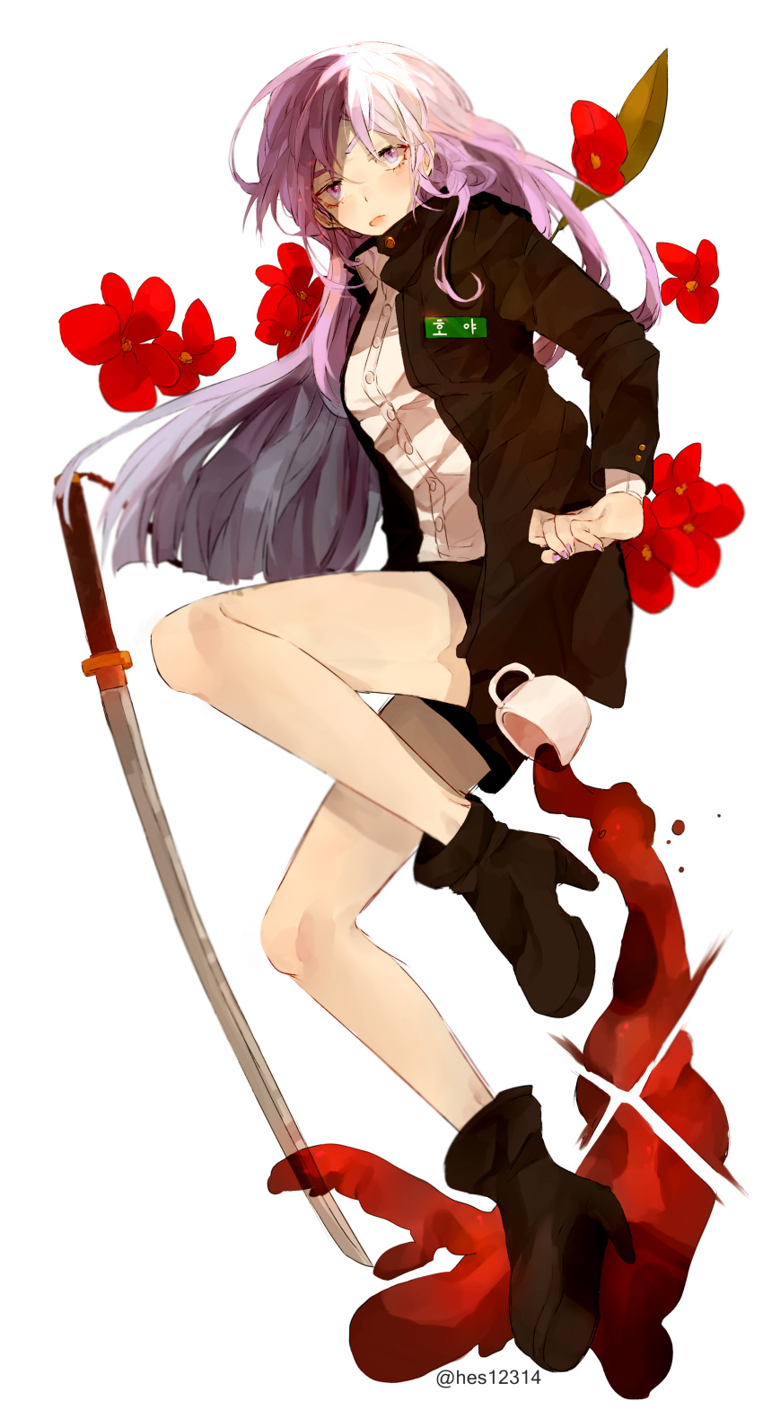 1girl absurdres artist_name black_footwear black_shirt black_shorts boots commentary_request cup fingernails flower full_body gakuran high_heels highres katana knees_up korean long_hair long_sleeves looking_at_viewer nail_polish open_clothes open_shirt pocket purple_hair purple_nails red_flower school_uniform shirt shorts simple_background solo spill sword teacup translation_request twice12314 twitter_username very_long_hair violet_eyes weapon white_background white_shirt