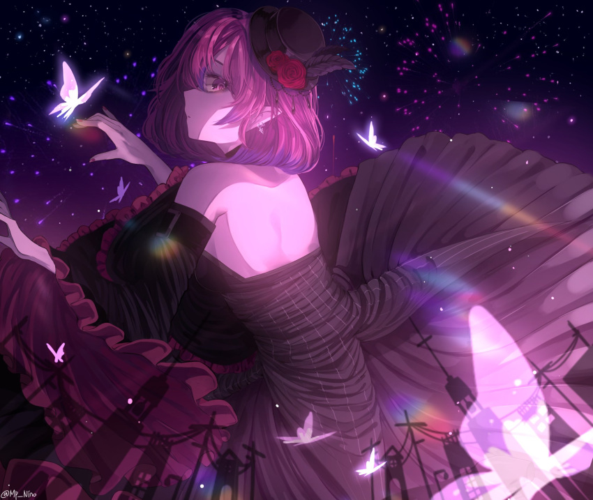 1girl bug butterfly commentary elf highres insect lucid maplestory mp_nino night night_sky pink_hair pointy_ears sky
