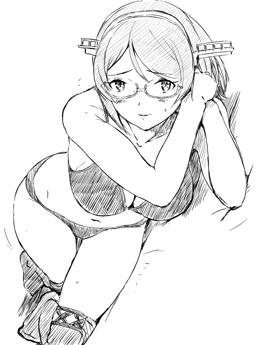1girl bikini black_bikini black_hair blush breasts cleavage collarbone glasses greyscale highres kantai_collection kirishima_(kantai_collection) large_breasts looking_at_viewer lying monochrome navel on_side remodel_(kantai_collection) short_hair sketch smile solo swimsuit thigh-highs vent_arbre