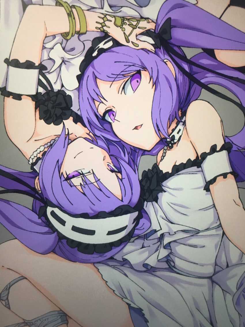 2girls anklet armband bracelet breasts choker commentary_request dress euryale fate/grand_order fate_(series) hairband hand_on_another's_head highres jewelry long_hair looking_at_viewer looking_back multiple_girls open_mouth purple_hair siblings small_breasts smile stheno strapless strapless_dress torichamaru twins twintails violet_eyes