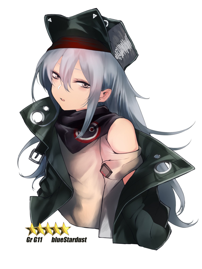 1girl artist_name bangs blush breasts brown_eyes character_name coat cropped_torso g11_(girls_frontline) girls_frontline green_coat grey_shirt hair_between_eyes hat highres kojima_(blue_stardust) long_hair looking_at_viewer open_clothes open_coat open_mouth scarf scarf_on_head shirt shoulder_cutout sidelocks silver_hair simple_background small_breasts solo very_long_hair white_background