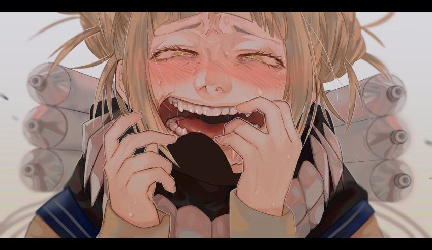 1girl absurdres antera_(emi) arms_up blue_sailor_collar blush character_request commentary_request fangs full-face_blush highres long_sleeves looking_at_viewer open_mouth sailor_collar solo tan_shirt teeth tongue windowboxed