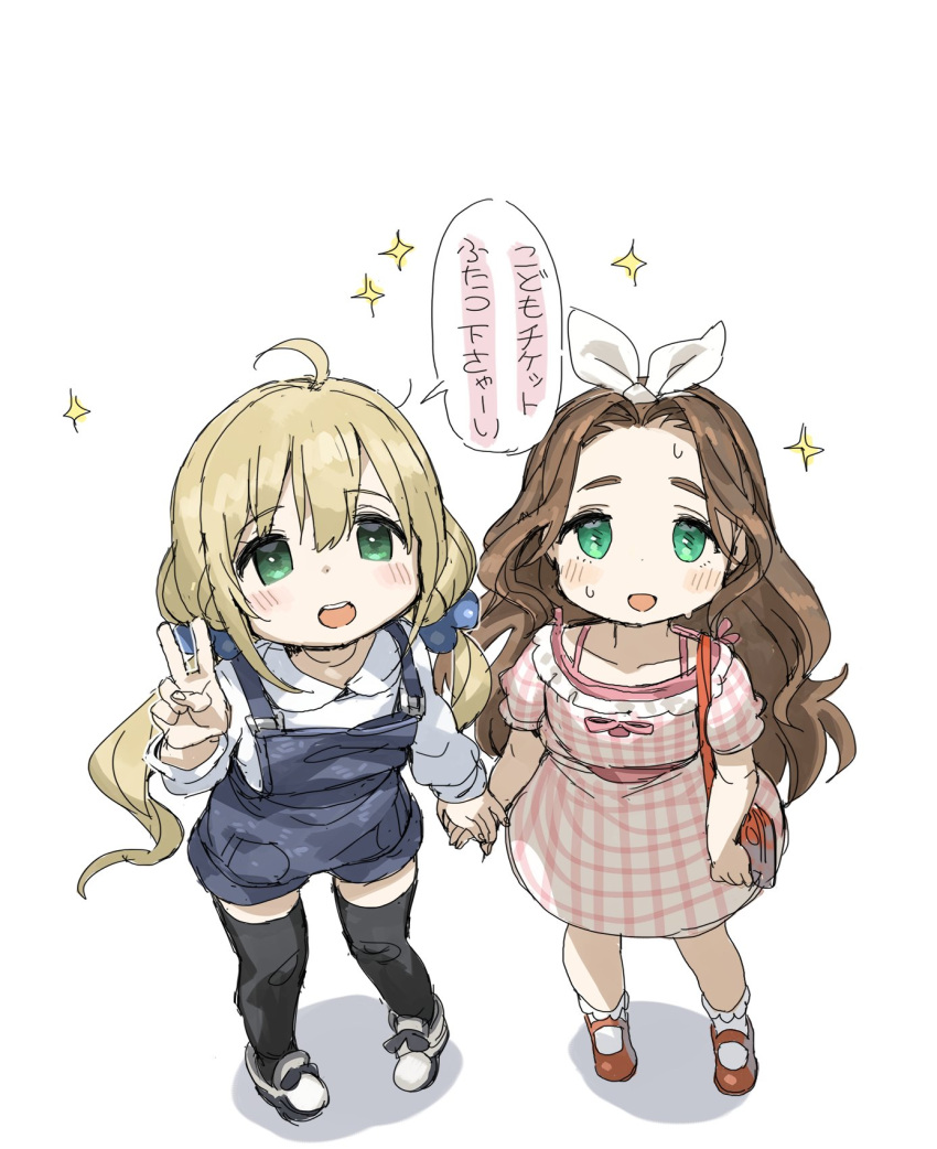 2girls blush futaba_anzu gingham_dress green_eyes hair_bobbles hair_ornament hand_holding highres idolmaster idolmaster_cinderella_girls kusakabe_wakaba looking_at_viewer multiple_girls nervous_smile open_mouth overalls sketch spawnfoxy sweat thick_eyebrows thigh-highs translated twintails v white_background