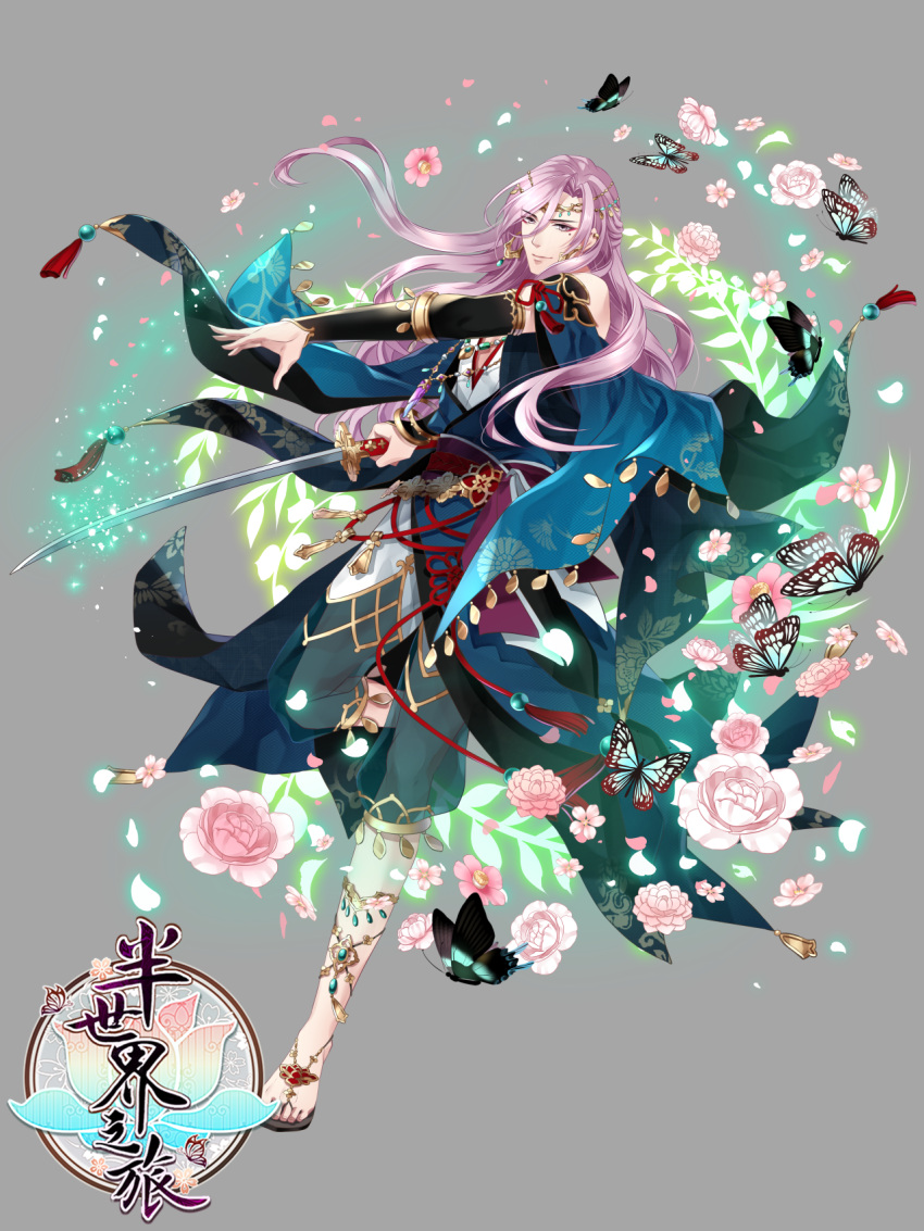 1boy arm_warmers ban_shijie_zhi_lu bug butterfly earrings fantasy flower full_body grey_background hair_between_eyes highres holding holding_sword holding_weapon insect jewelry long_hair looking_at_viewer male_focus necklace official_art purple_hair ran_(artist) standing standing_on_one_leg sword very_long_hair watermark weapon
