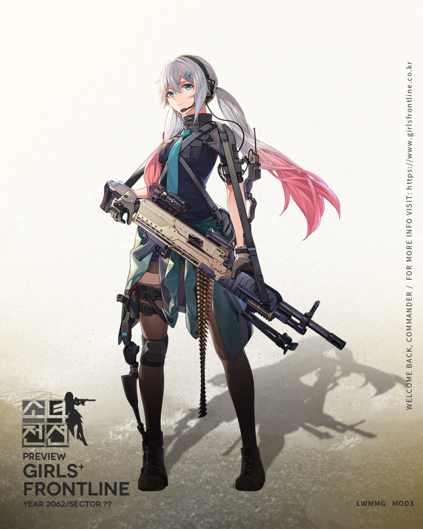 1girl ammunition_belt bag belt bipod black_legwear blue_eyes blue_shirt boots breast_pocket brown_legwear character_name clothes_around_waist cross-laced_footwear exoskeleton expressionless eyebrows full_body general_dynamics_lwmmg girls_frontline gloves grey_hair gun hair_between_eyes hair_ornament hairclip headphones headset high_collar highres holding holding_gun holding_weapon holster jacket jacket_around_waist lace-up_boots looking_at_viewer lwmmg_(girls_frontline) mod3_(girls_frontline) multicolored_hair necktie off_shoulder official_art pink_hair pocket radio red_jacket rff_(3_percent) scope shirt short_shorts shorts single_knee_pad sleeves_folded_up solo strap teal_neckwear thigh-highs thigh_strap transparent_background trigger_discipline twintails walking weapon x_hair_ornament