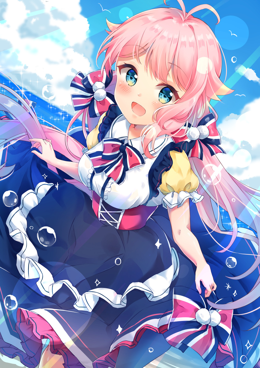 1girl :d absurdres bangs blue_eyes blue_skirt blue_sky blush bow breasts center_frills clouds cloudy_sky collared_shirt day dutch_angle eyebrows_visible_through_hair frills hair_bow highres horizon leaning_forward long_hair looking_at_viewer medium_breasts ocean open_mouth original outdoors pink_hair puffy_short_sleeves puffy_sleeves shirt short_sleeves skirt skirt_hold sky smile solo sparkle standing striped striped_bow torokeru_none underbust very_long_hair water white_shirt