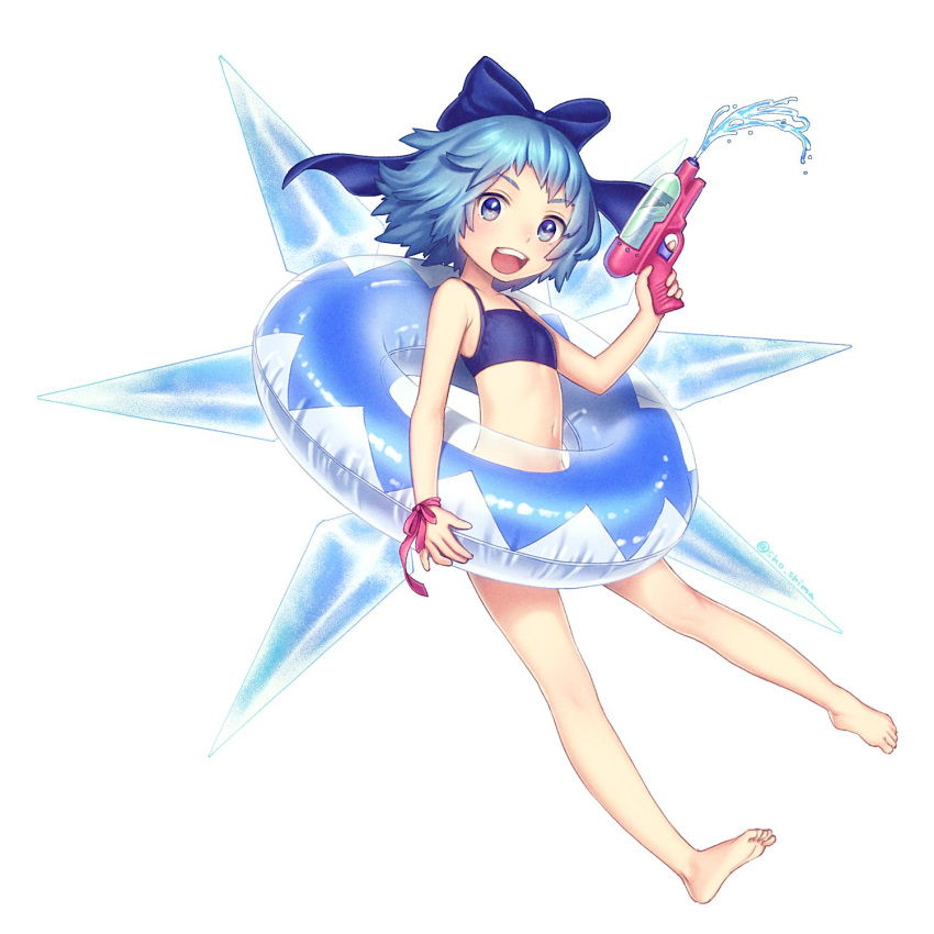 1girl bare_arms bare_legs bare_shoulders barefoot bikini blue_bikini blue_bow blue_eyes blue_hair blue_wings bow cirno feet flat_chest full_body hair_bow highres holding ice ice_wings innertube looking_at_viewer navel open_mouth pink_ribbon ribbon sho_shima short_hair simple_background smile solo swimsuit touhou water_gun white_background wings wrist_ribbon