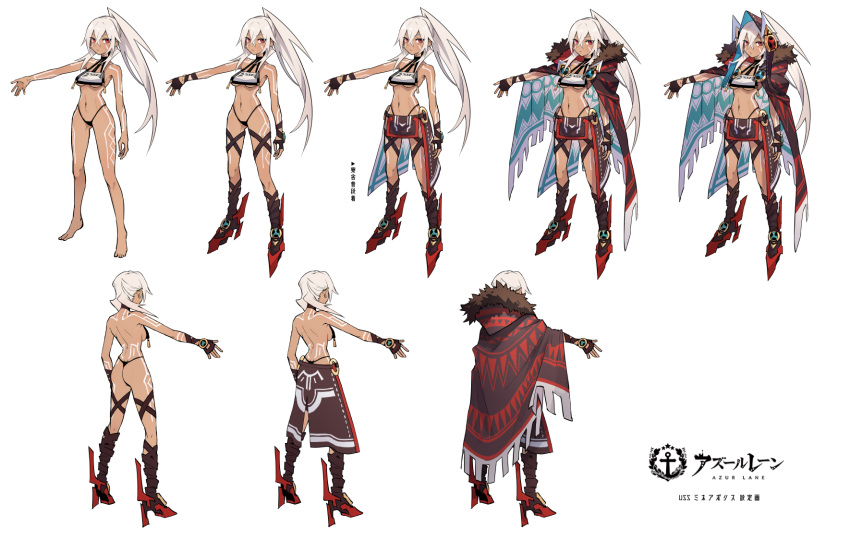 1girl azur_lane bodypaint breasts character_name character_sheet cloak commentary_request crop_top crop_top_overhang facepaint fur-trimmed_cloak highres hood mephist-pheles midriff minneapolis_(azur_lane) native_american navel ponytail red_eyes simple_background solo thong under_boob white_background white_hair