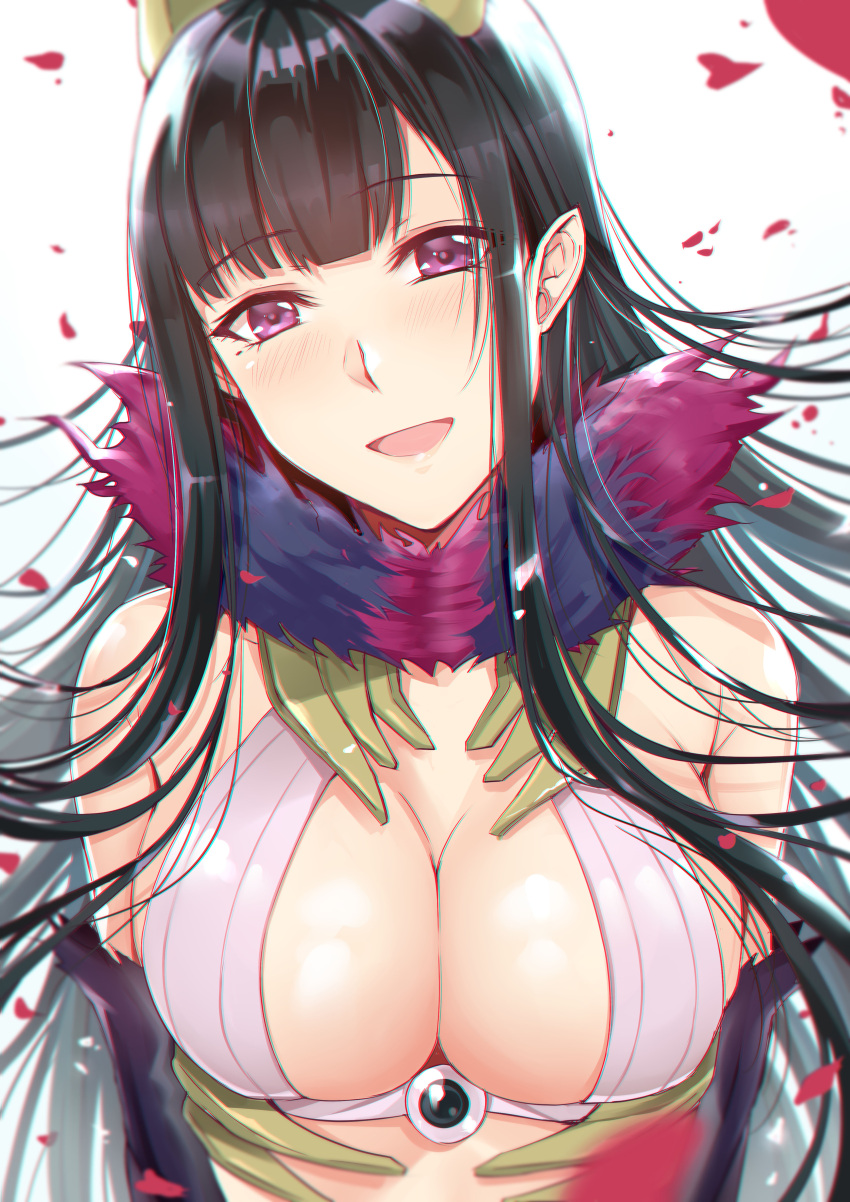 1girl :d absurdres ane_naru_mono bare_shoulders black_hair blush breasts chiyo_(ane_naru_mono) cleavage gu_li highres horns large_breasts long_hair looking_at_viewer open_mouth smile upper_body violet_eyes white_background